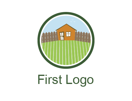farmhouse with farm and fence in circle frame