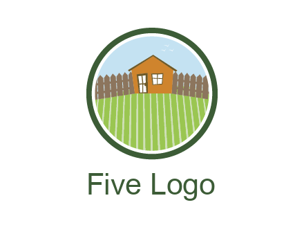 farmhouse with farm and fence in circle frame