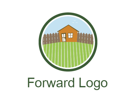 farmhouse with farm and fence in circle frame