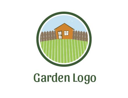 farmhouse with farm and fence in circle frame