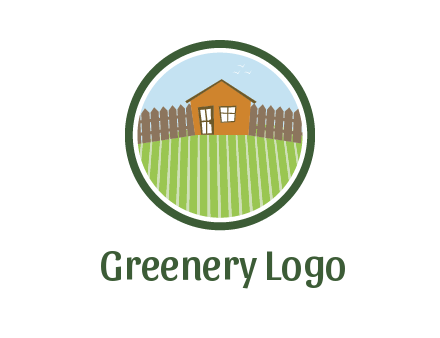 farmhouse with farm and fence in circle frame