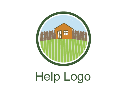 farmhouse with farm and fence in circle frame