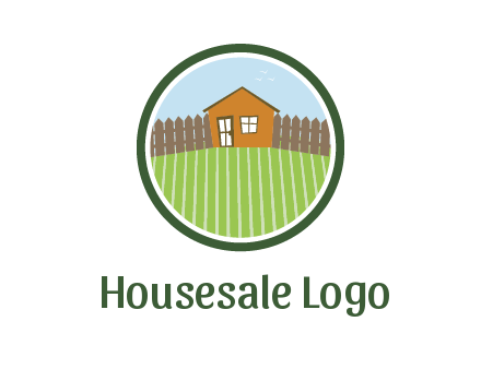 farmhouse with farm and fence in circle frame