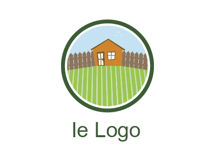 farmhouse with farm and fence in circle frame