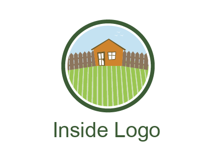 farmhouse with farm and fence in circle frame
