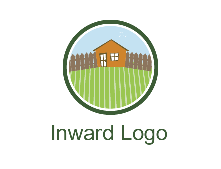 farmhouse with farm and fence in circle frame