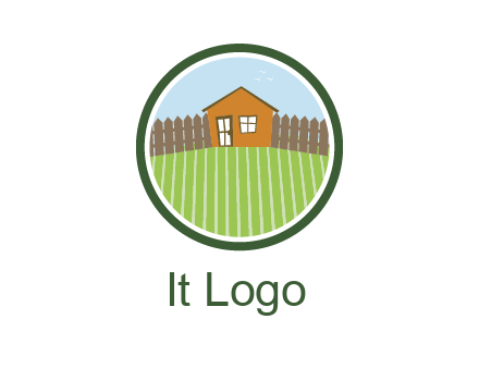 farmhouse with farm and fence in circle frame