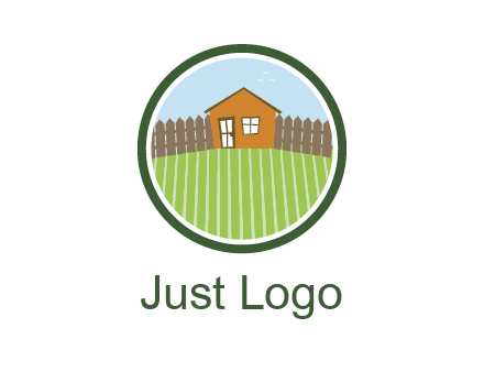 farmhouse with farm and fence in circle frame