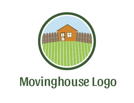 farmhouse with farm and fence in circle frame