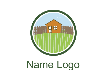 farmhouse with farm and fence in circle frame