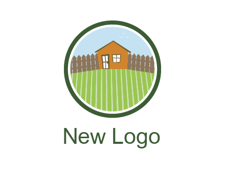 farmhouse with farm and fence in circle frame