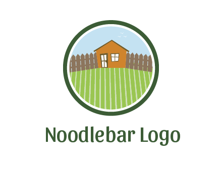 farmhouse with farm and fence in circle frame