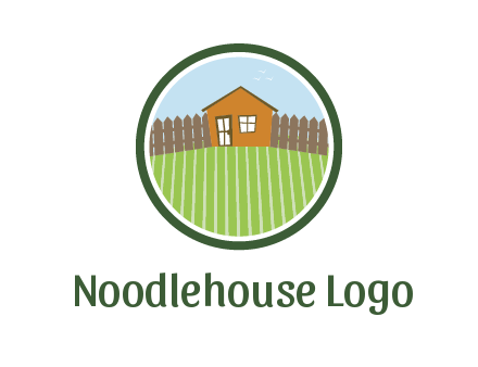 farmhouse with farm and fence in circle frame