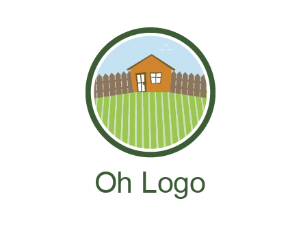 farmhouse with farm and fence in circle frame