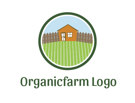 farmhouse with farm and fence in circle frame
