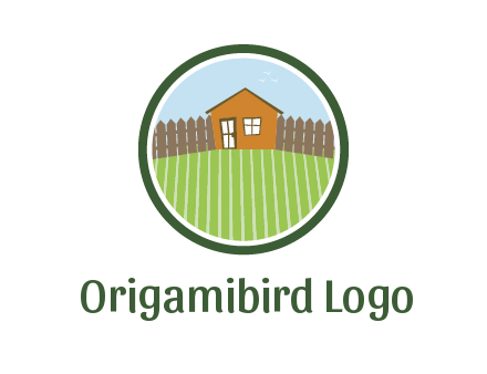 farmhouse with farm and fence in circle frame