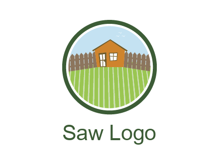 farmhouse with farm and fence in circle frame