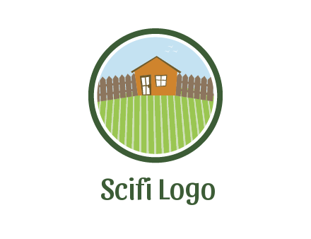 farmhouse with farm and fence in circle frame