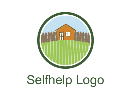 farmhouse with farm and fence in circle frame
