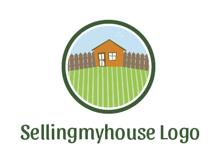 farmhouse with farm and fence in circle frame