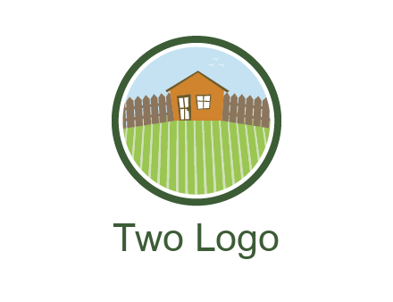 farmhouse with farm and fence in circle frame