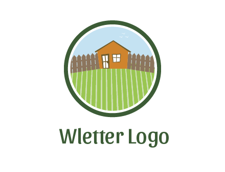 farmhouse with farm and fence in circle frame