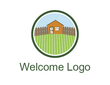 farmhouse with farm and fence in circle frame
