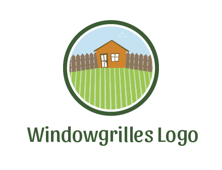 farmhouse with farm and fence in circle frame