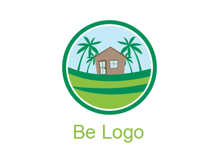 palm trees behind house in circle frame