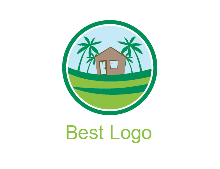 palm trees behind house in circle frame