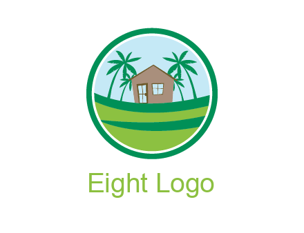 palm trees behind house in circle frame