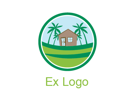 palm trees behind house in circle frame