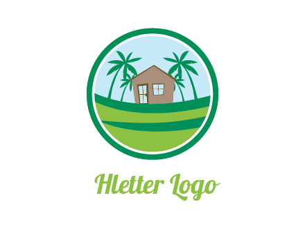 palm trees behind house in circle frame