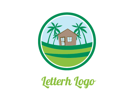 palm trees behind house in circle frame