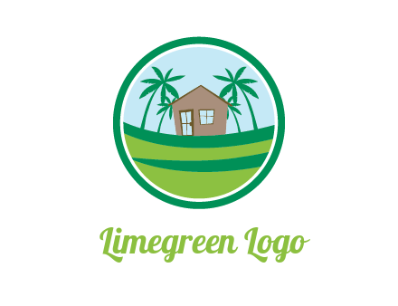 palm trees behind house in circle frame