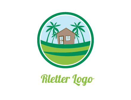 palm trees behind house in circle frame