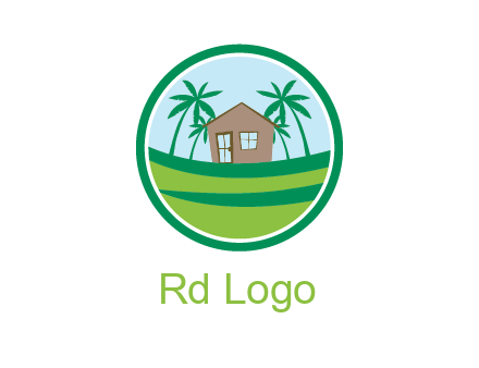 palm trees behind house in circle frame