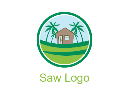 palm trees behind house in circle frame