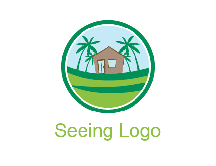 palm trees behind house in circle frame