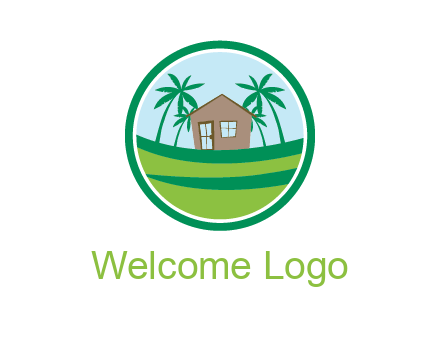 palm trees behind house in circle frame
