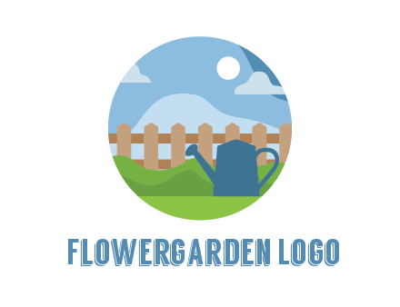 watering can with fence and bushes in circle shape