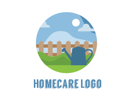 watering can with fence and bushes in circle shape