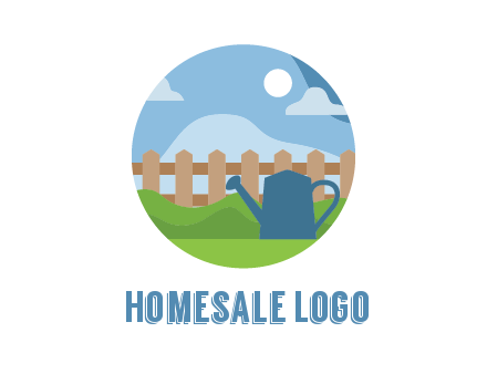 watering can with fence and bushes in circle shape
