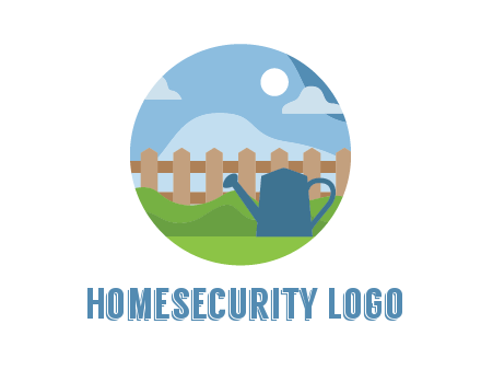 watering can with fence and bushes in circle shape
