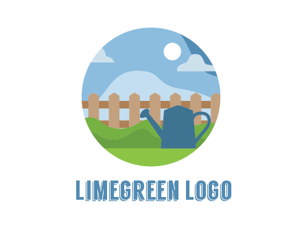watering can with fence and bushes in circle shape