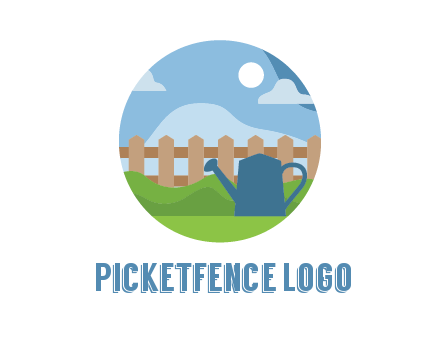 watering can with fence and bushes in circle shape