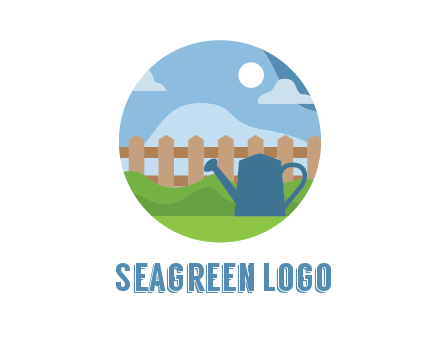 watering can with fence and bushes in circle shape