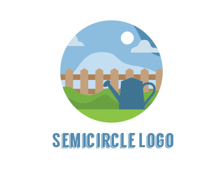 watering can with fence and bushes in circle shape
