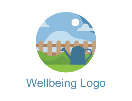 watering can with fence and bushes in circle shape
