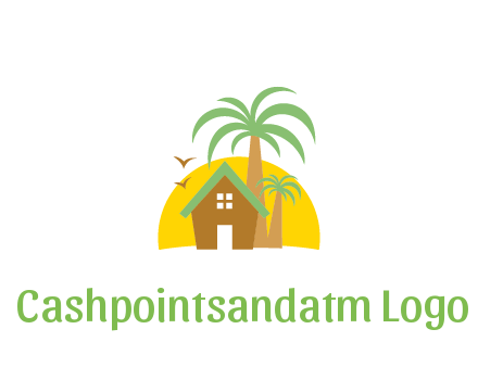sun behind house with palm trees